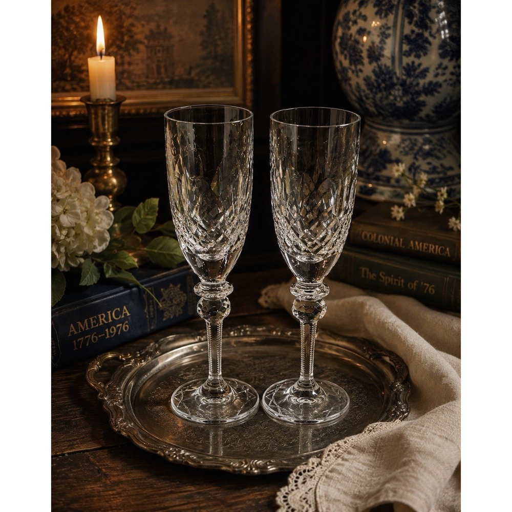 Rogaska Gallia Crystal Champagne Flutes Set of 2 Slovenia 7.25" Elegant